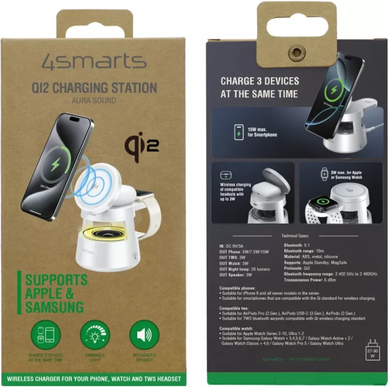 Belaidis įkroviklis 4smarts Qi2 Aura Sound baltas – Qi2 greitas belaidis įkrovimas, integruotas garsiakalbis