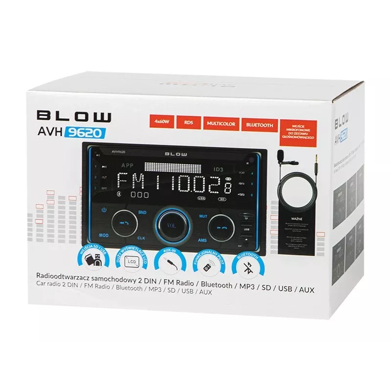 2DIN automagnetola BLOW AVH-9620 dvigubo DIN įmontuojama galvutė su Bluetooth 5.0, USB Type-A, 2,8 colio ekranu, 4×60 W RMS