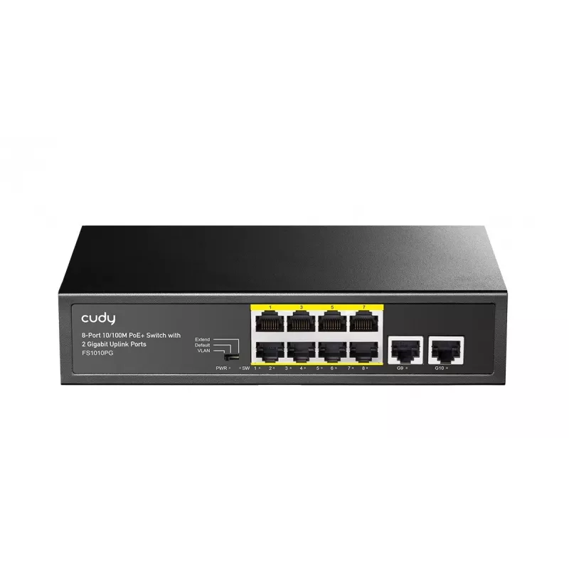 Tinklo jungiklis Cudy FS1010PG — 10/100 Mbps, 8 PoE prievadai, 2 aukštyn, 120 W PoE biudžetas, metalinis korpusas