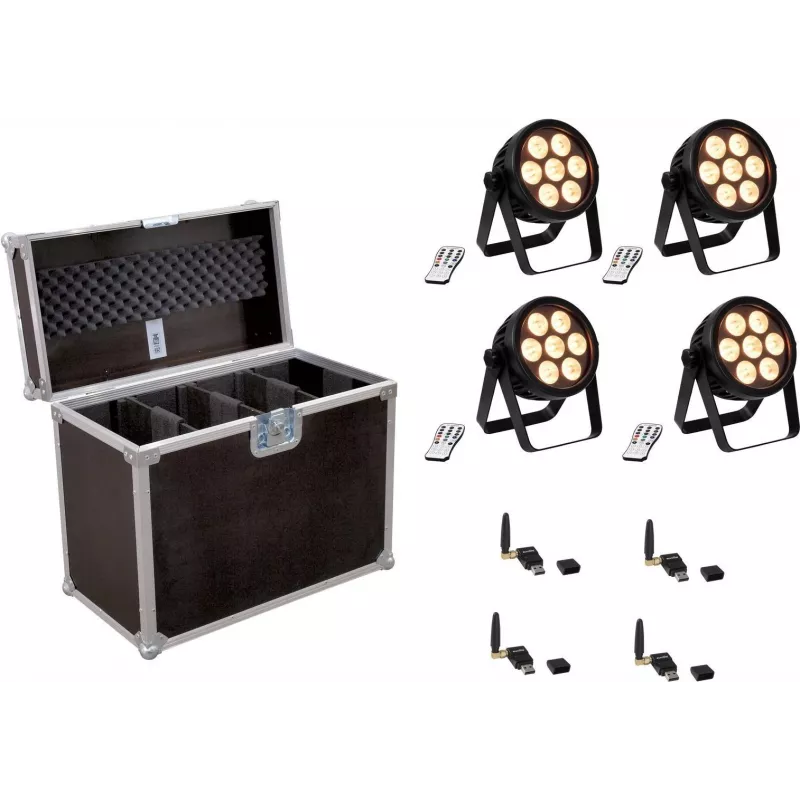 LED prožektorius EUROLITE 4C-7 Silent plonas 4x su USB QuickDMX – kompaktiškas 4 galvučių DMX šviestuvas