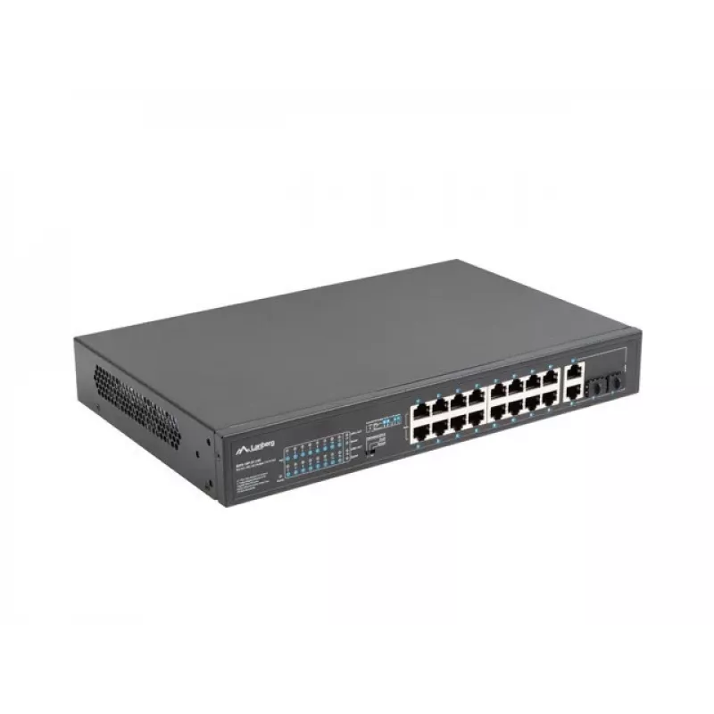 Nevaldomas jungiklis LANBERG RSFE-16P-2C-250 — 18 prievadų Gigabit, 16x PoE+ (30W), 2x SFP, 250W, 1U, metalinis, montuojamas į stelažą