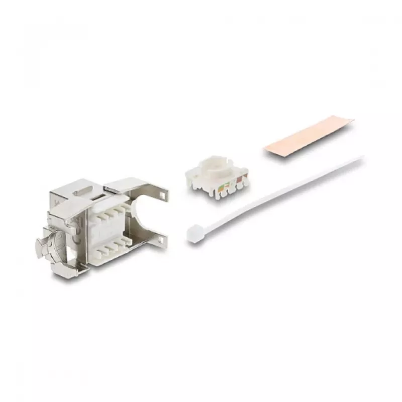 Keystone modulis DELOCK RJ45 į LSA Cat.6A ekranuotas be įrankių, plokščias, sidabrinis/baltas, su dulkių dangteliu