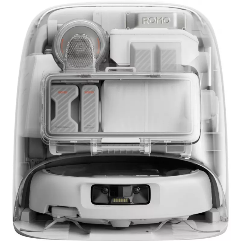 Robot vacuum and wet mop DJI ROMO P (Water Tank Version) — pilka/baltas, 0.26 L dulkių, 4 L švaraus / 3.2 L nešvaraus vandens, 5000 mAh baterija