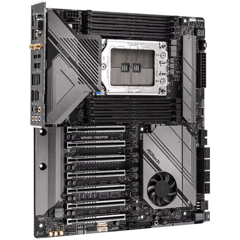 Pagrindinė plokštė ASRock WRX80 CREATOR R2.0 — AMD WRX80, lizdas sWRX8, E-ATX, 8× DIMM DDR4, iki 2 TB, Wi‑Fi 6E, 10Gb LAN, 7.1 garsas