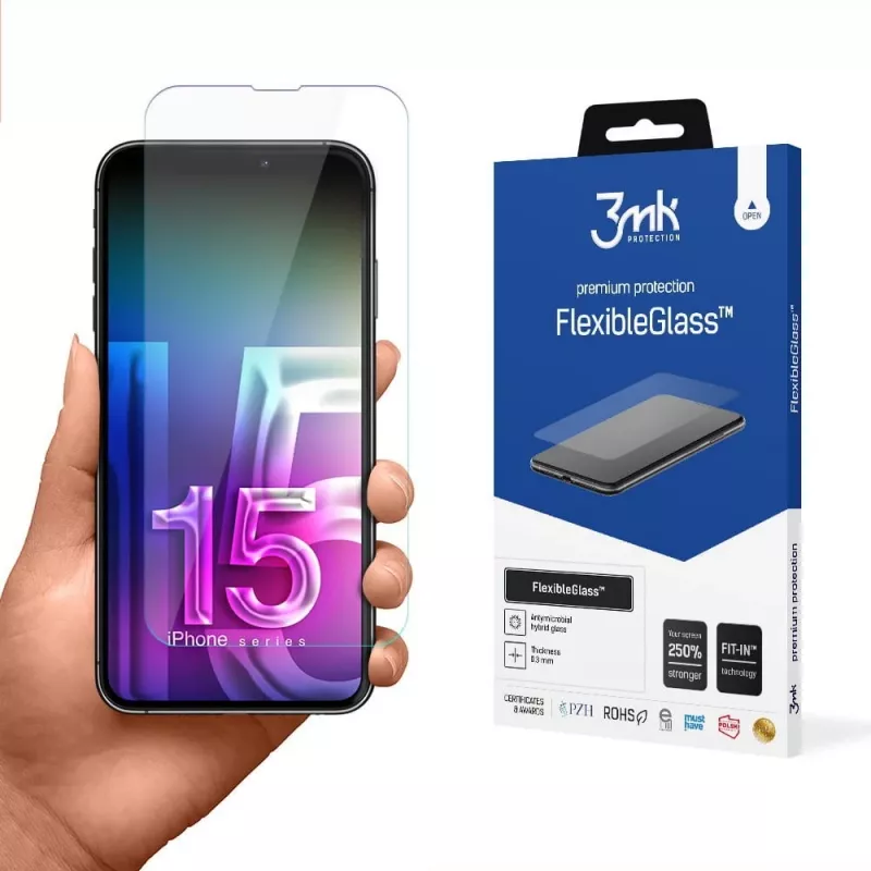 Grūdinta lanksti ekrano apsauga 3MK FlexibleGlass Pro, skirta Apple iPhone 15 – skaidri, atspari įbrėžimams