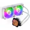 Skysčio aušinimo komplektas Cooler Master MasterLiquid 240L Core ARGB White — 240 mm radiatorius, 120 mm ventiliatoriai, palaiko LGA1700/AM5/AM4 ir senesnius lizdus