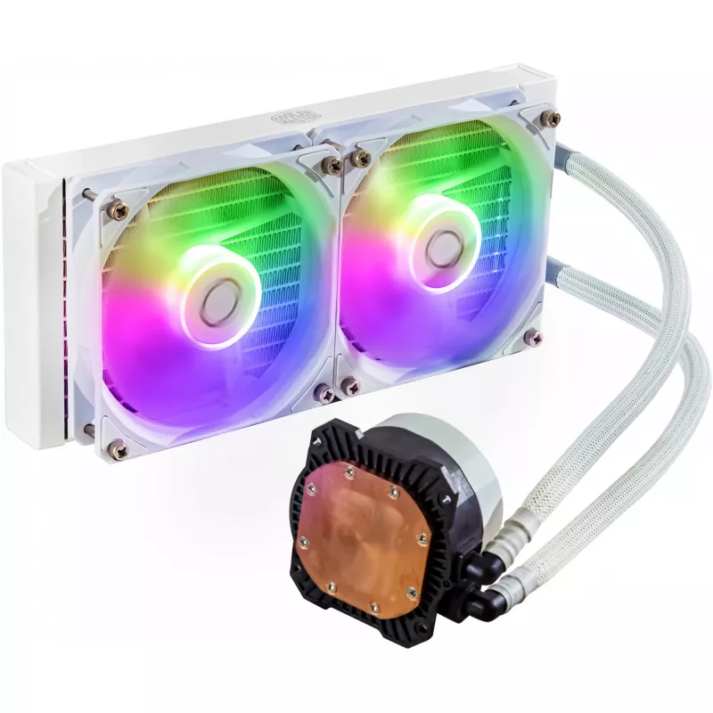 Skysčio aušinimo komplektas Cooler Master MasterLiquid 240L Core ARGB White — 240 mm radiatorius, 120 mm ventiliatoriai, palaiko LGA1700/AM5/AM4 ir senesnius lizdus