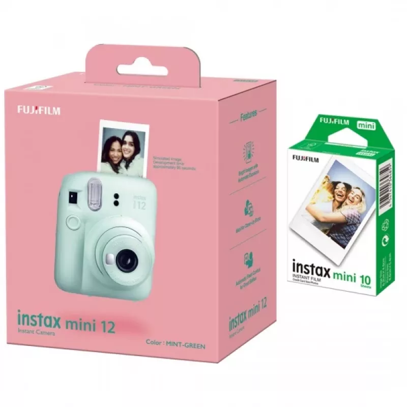 Momentinis fotoaparatas Fujifilm Instax Mini 12 mėtų žalios spalvos su 10 lapelių momentinės juostelės rinkiniu