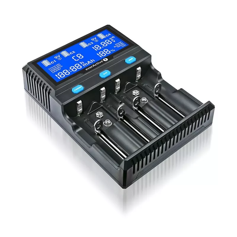 everActive UC-4200 Universalus kintamosios srovės baterijų įkroviklis 12V 3A, palaiko AA/AAA/C/9V, 4 elementai, juodas, įmontuotas ekranas