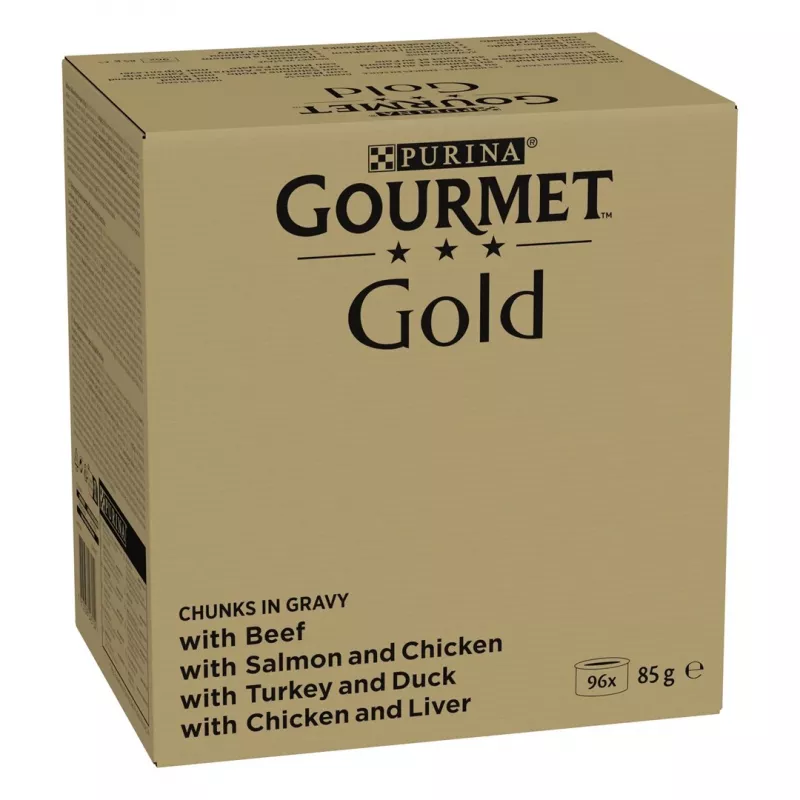 Šlapias kačių ėdalo daugiapaketis Purina Nestlé GOURMET Gold gabaliukai padaže — 96 x 85 g, 8,16 kg, 4 skonių mišinys
