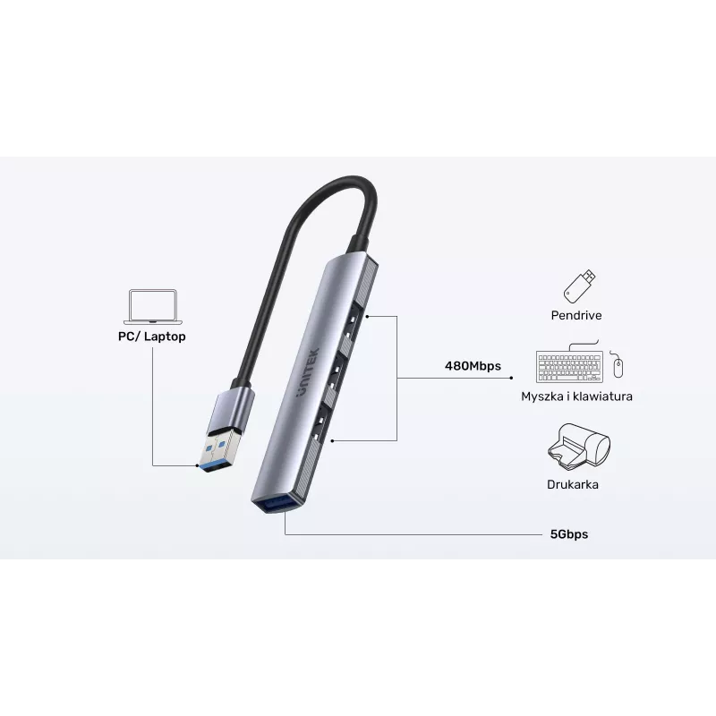 USB šakotuvas Unitek H1208A — 4 prievadai (1 × USB 3.2 Gen 1 Type-A, 3 × USB 2.0), aliuminio korpusas, pilka, 0,20 m laidas