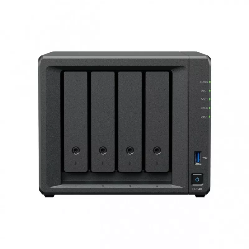 Stalinis NAS SYNOLOGY DP340 su R1600 procesoriumi, 16 GB RAM, 32 TB HDD, 4 skyrių, RAID palaikymu, juodas
