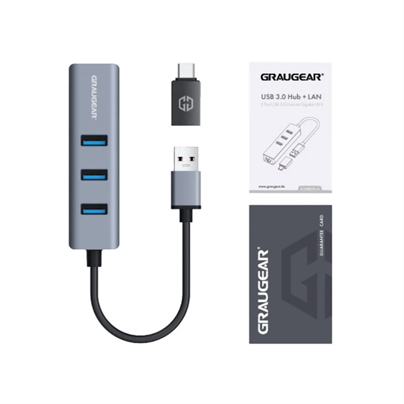 GRAUGEAR USB šakotuvas G-HUB31L-A — USB 3.2 Gen 1 Type-A priegloba, 3x USB 3.2 Gen 1 Type-A prievadai + RJ-45, 5000 Mbit/s