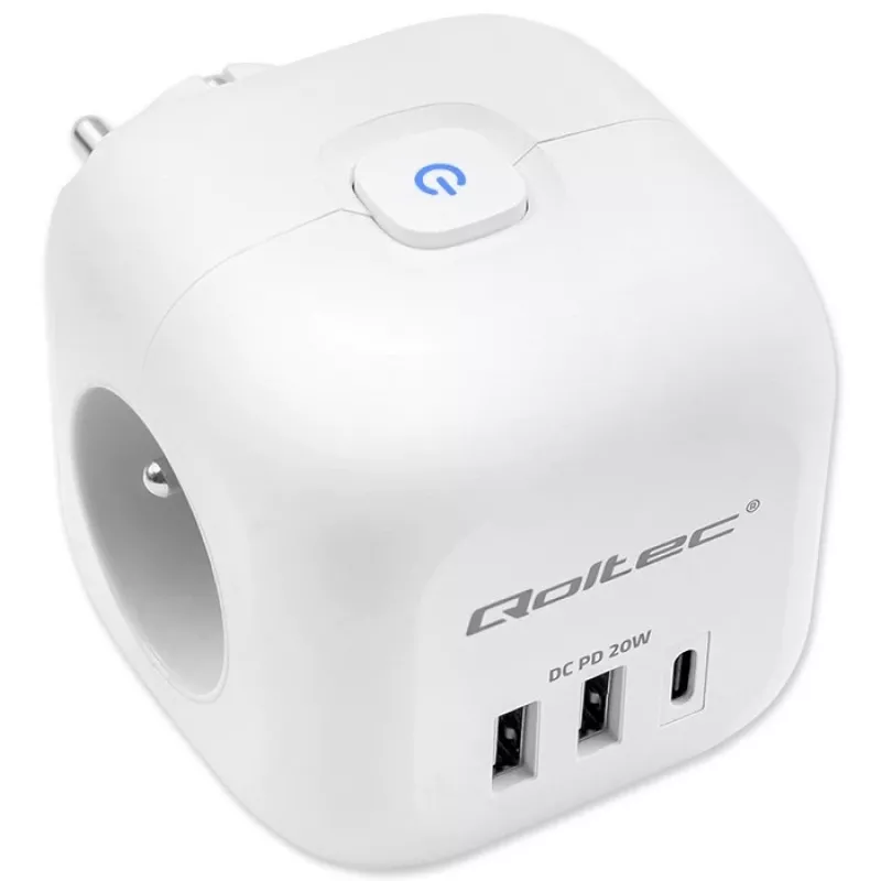 Maitinimo lizdų blokas QOLTEC 52548 su 3×AC lizdais ir USB prievadu