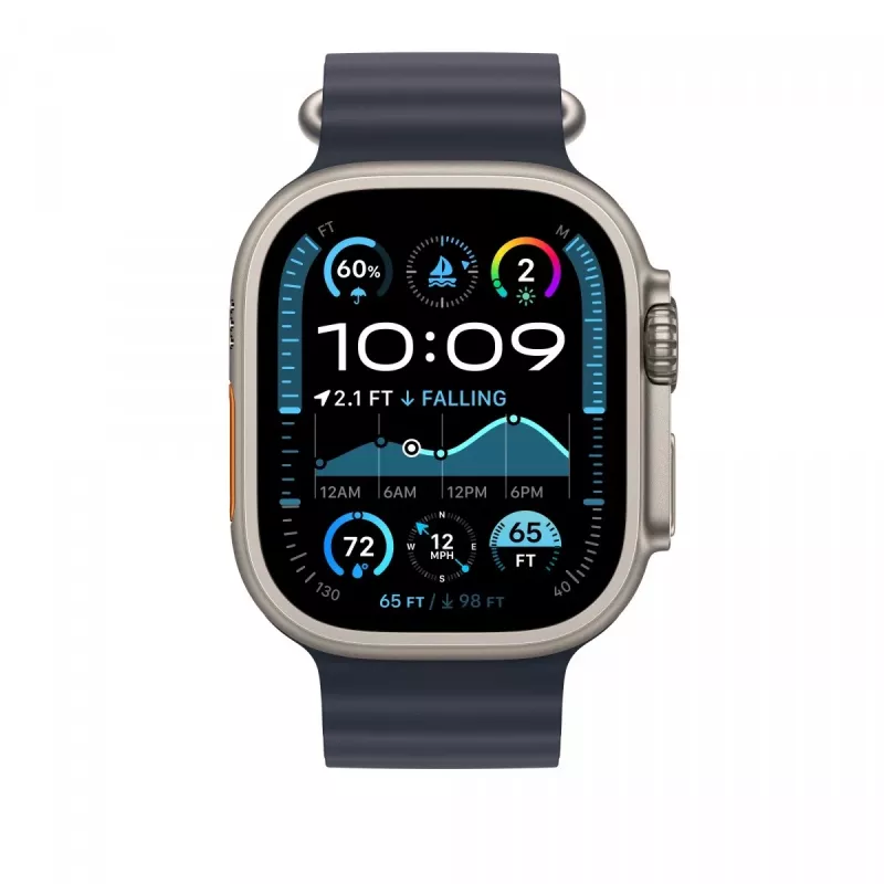 „Apple“ juostelė 49 mm, tamsiai mėlyna, „Ocean“ juostelės prailginimas, natūralaus titano apdaila