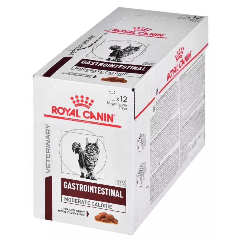 Šlapias kačių maistas Royal Canin Gastrointestinal Moderate Calorie 12 x 85 g maišeliai, suaugusioms katėms, mėsos skonio, 82,2 % drėgmės