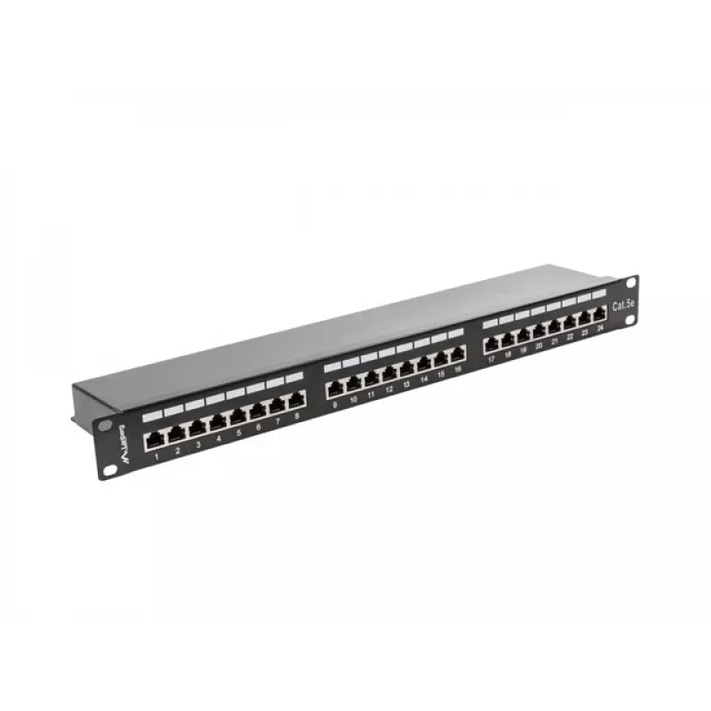 Pataisų skydelis 1U LANBERG PPS5-1024-B — 24 prievadų RJ-45 Cat5, metalinis, juodas, montavimas į stovą