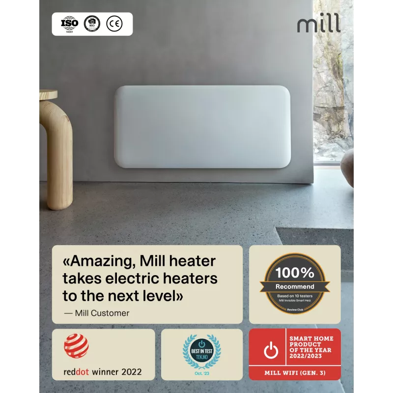 Mill WiFi skydinis šildytuvas | PA1500WIFI4A | Skydinis šildytuvas | 1500 W | Tinka patalpoms iki 22 m² | Balta | IPX4