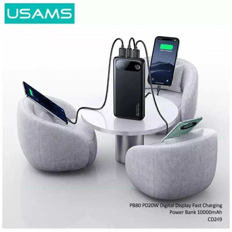 Nešiojama išorinė baterija usams PB80 10000mAh 20W PD balta