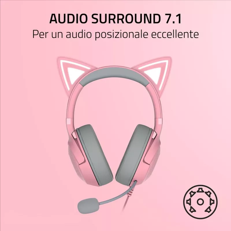 Laidinės ant ausies dedamos ausinės Razer RZ04-04730200-R3M1 — cirkumaurinės, 1,3 m laidas, 353 g, rožinė