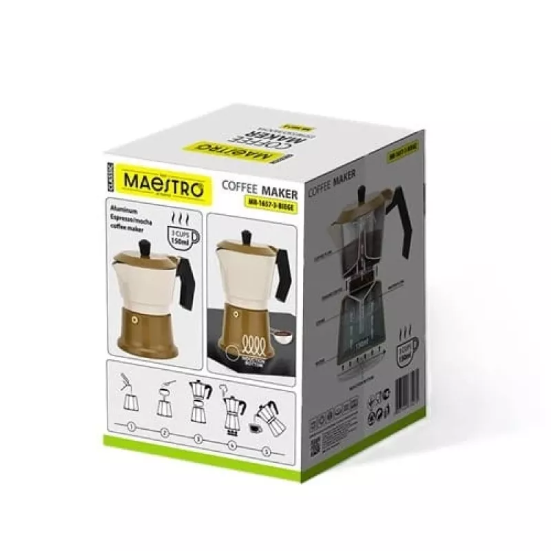 Aliumininis ant viryklės statomas moka puodas Maestro MR-1657-3-BEIGE – 3 puodelių espreso virimo aparatas, smėlio spalvos
