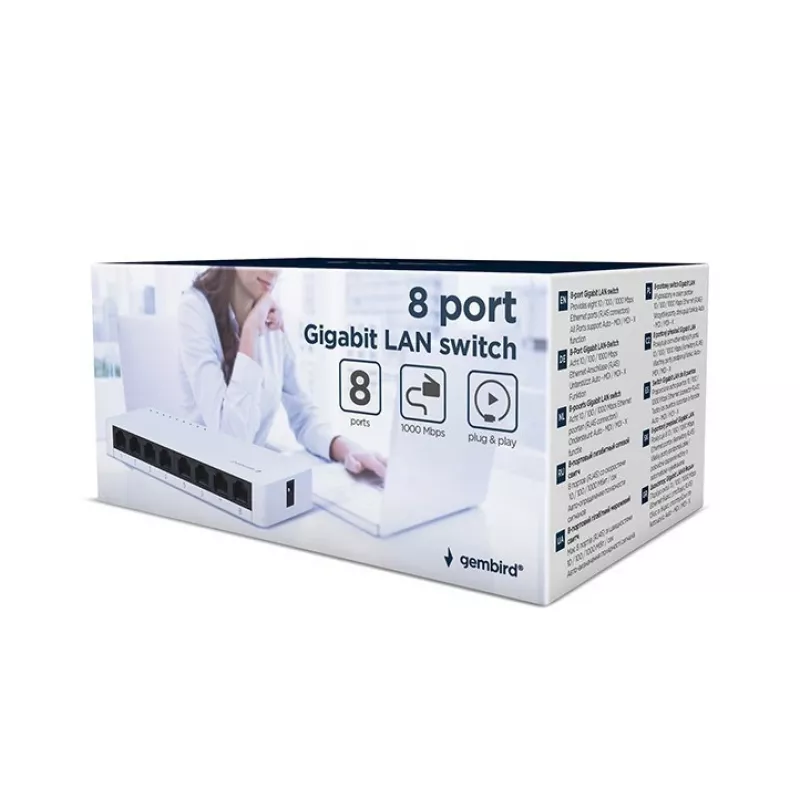 Nevaldomas komutatorius GEMBIRD NSW-G8-01 — 8× Gigabit Ethernet (10/100/1000), baltas, DC 5V