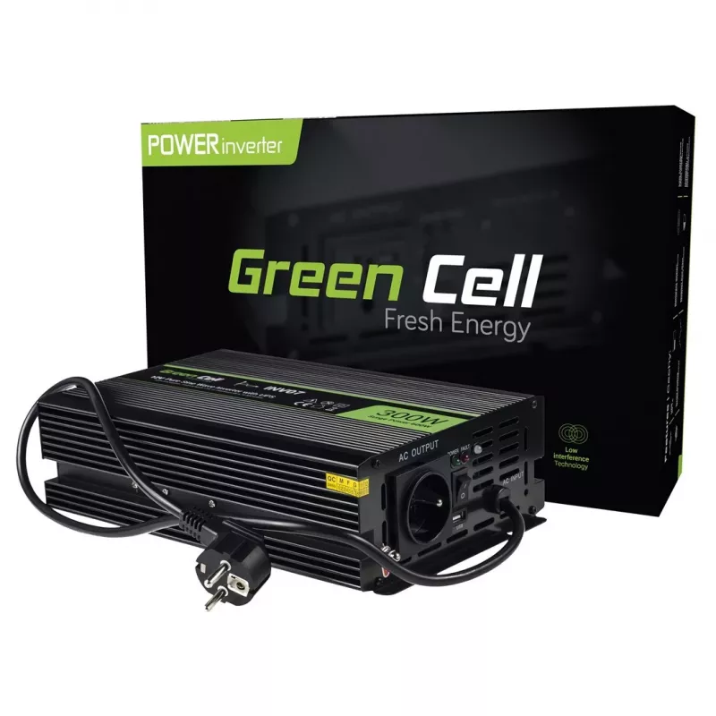 Maitinimo inverteris Green Cell INV07, nuolatinė srovė 12 V į kintamąją 230 V, 300 W, 50 Hz, C tipo kištukas, juodas