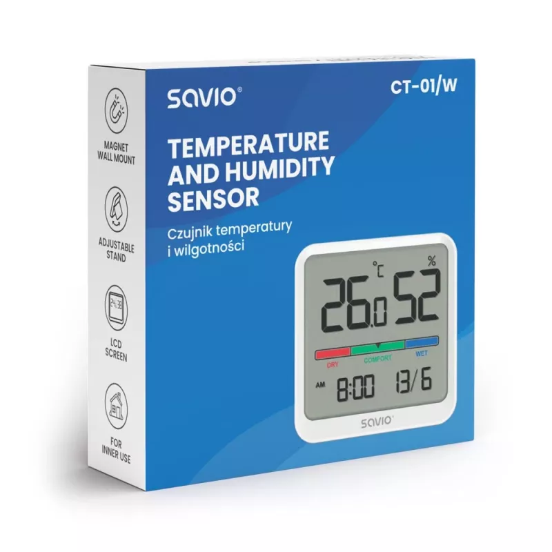 Patalpų temperatūros ir drėgmės jutiklis SAVIO CT-01/W, LCD ekranas, -10–55°C, 10–99%RH, baterija CR2032