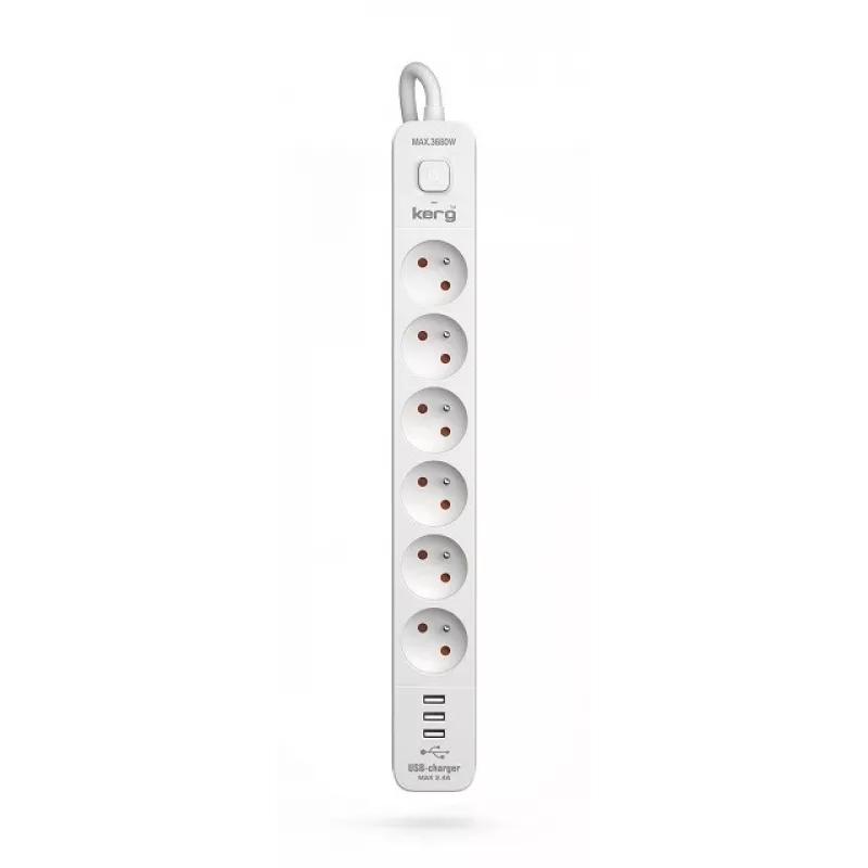 Kištukinis lizdas Kerg M02597 — 6 lizdai, 3 USB prievadai, 16 A, 1,5 m laidas