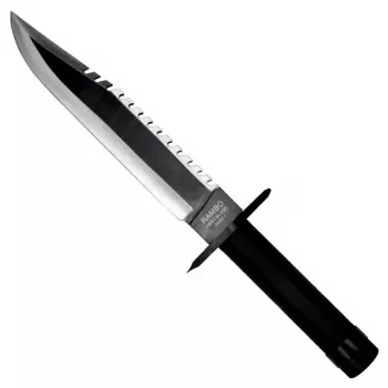 Fiksuoto ašmenų išlikimo peilis kino klasika Rambo I CC-H1 — 360 mm bendras, 225 mm dantytas plieno ašmenys, juodos odos makštis