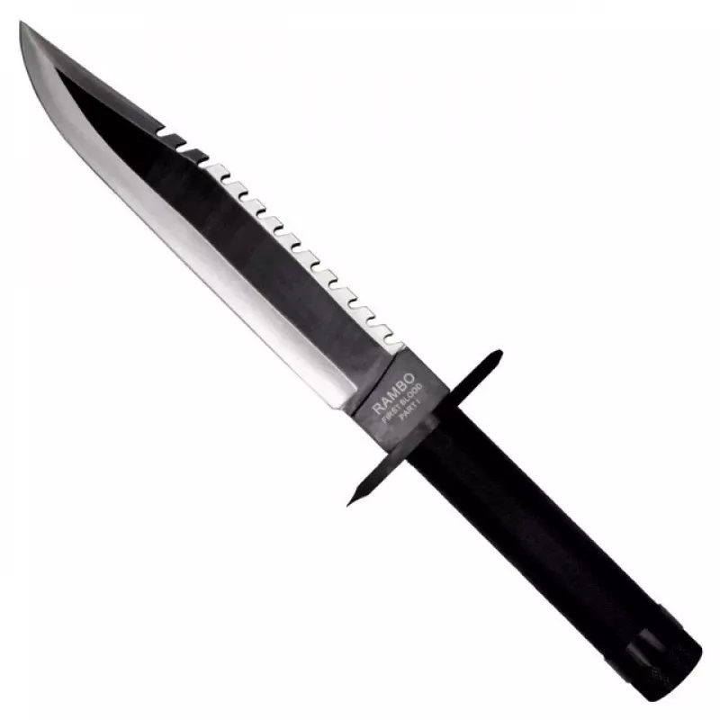 Fiksuoto ašmenų išlikimo peilis kino klasika Rambo I CC-H1 — 360 mm bendras, 225 mm dantytas plieno ašmenys, juodos odos makštis
