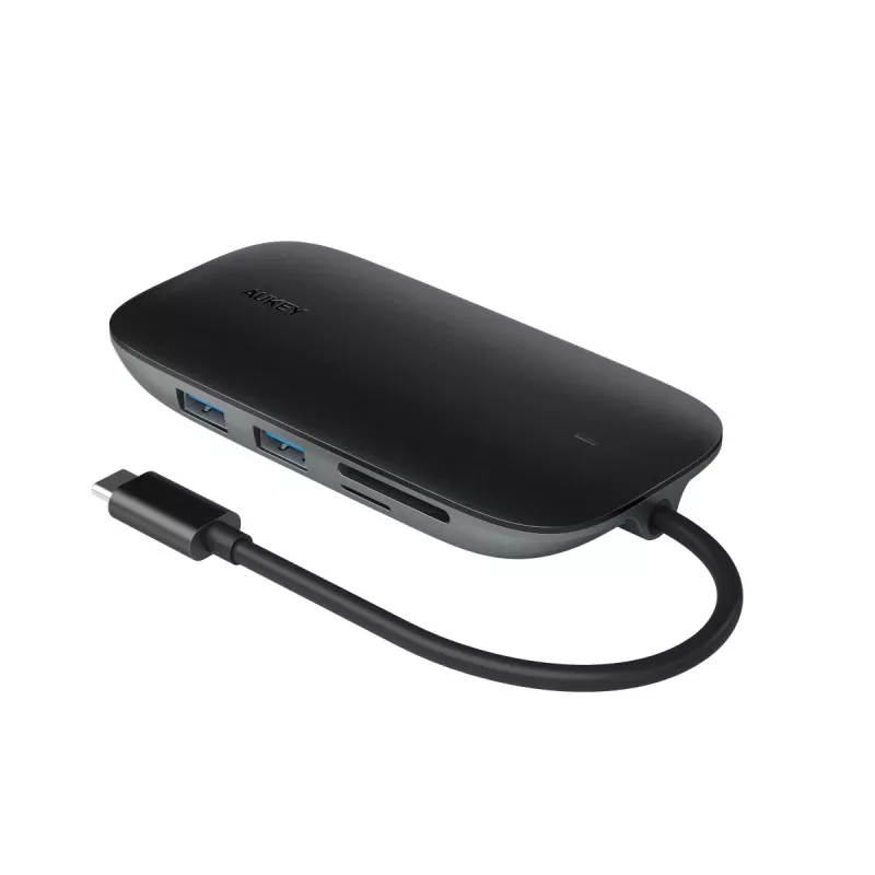 Nešiojamojo kompiuterio dokas AUKEY CB-C71 — 3x USB‑C (USB 3.2 Gen1), HDMI, RJ‑45, MicroSD, USB PD 100 W, 0,15 m kabelis, juodas