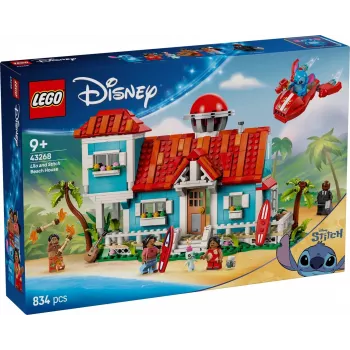 LEGO rinkinys Disney 43268 Paplūdimio namas — modulinis namo modelis, 834 dalys, 5 minifigūrėlės, amžius 9+
