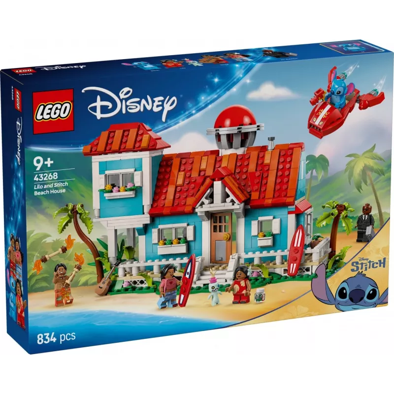 LEGO rinkinys Disney 43268 Paplūdimio namas — modulinis namo modelis, 834 dalys, 5 minifigūrėlės, amžius 9+