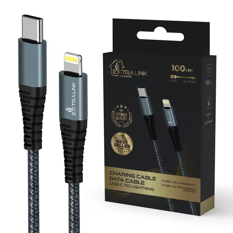 Laidas Extralink Smart Life 27W USB-C į Lightning 100 cm TPE 9V 3A juodas