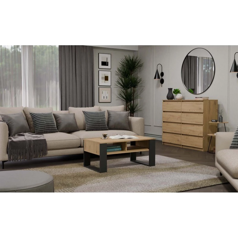 Top e shop Modern kavos staliukas 90×58×50 cm, antracito spalvos rėmas, matinės Artisan ąžuolo lentynos