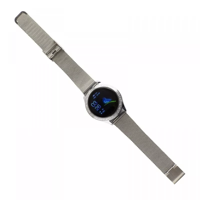 Išmanusis laikrodis ORO-MED ORO-SMART CRYSTAL Sidabrinė — apvalus metalinis korpusas, LCD 240×198, 1,04 colio ekranas, Bluetooth 4.0, atsparus vandeniui, 120 mAh baterija