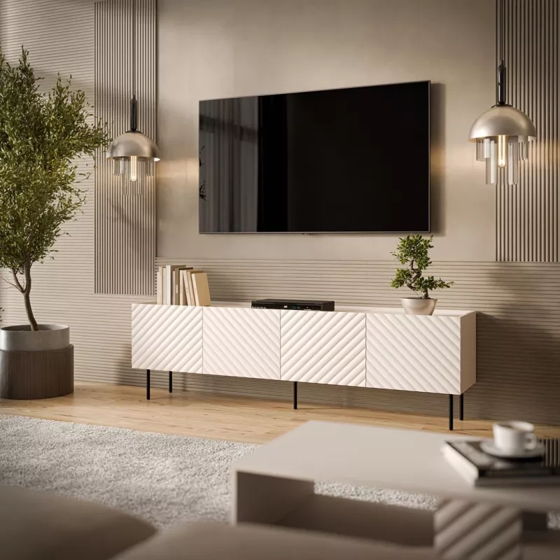 TV spintelė Cama LUCCA 4D 200x40x59 cm, kašmyro apdaila, pilkas medžio drožlių plokštės viršus