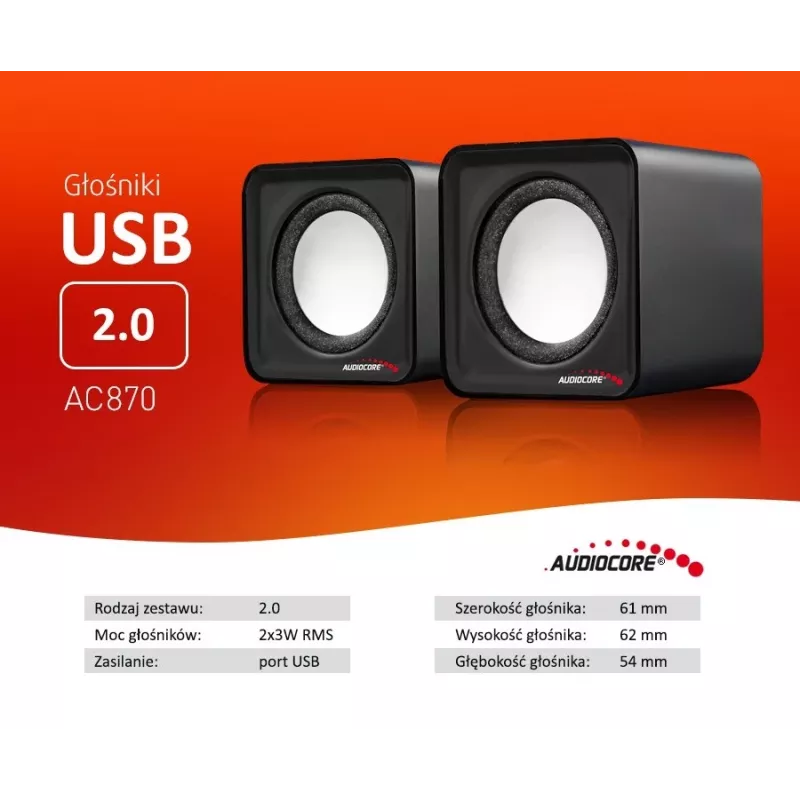 2 krypčių PC garsiakalbis Audiocore AC870 B — 3 W RMS, laidinis USB maitinimas, 3,5 mm įvestis, 2.0 kanalai