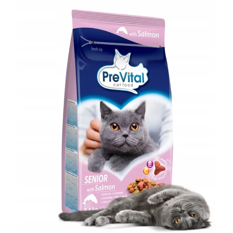 Sausas kačių ėdalas PREVITAL Senior Salmon 1,4 kg — senjorų formulė, 31% baltymų, 9% riebalų