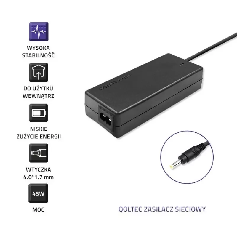 Qoltec 51509.45W maitinimo adapteris, skirtas Lenovo | 45W | 20V | 2,25A | 4,0*1,7 | +maitinimo laidas