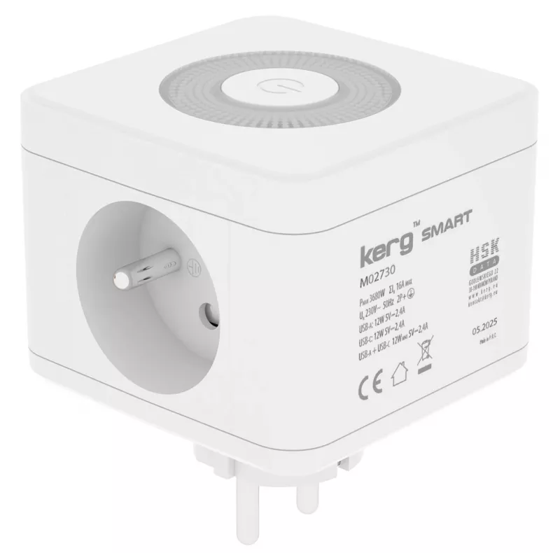 Maitinimo lizdas Kerg M02730 — 2 F tipo lizdai, 3 USB prievadai (USB-A + USB-C), 16A 250V~, 1,5 m laidas, baltas