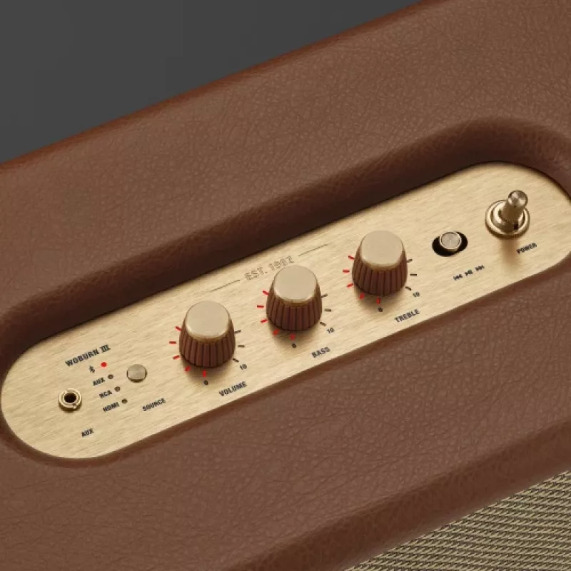 Belaidis garsiakalbis MARSHALL Woburn III Brown — kelių kambarių, Bluetooth, Wi‑Fi, analoginiai įėjimai