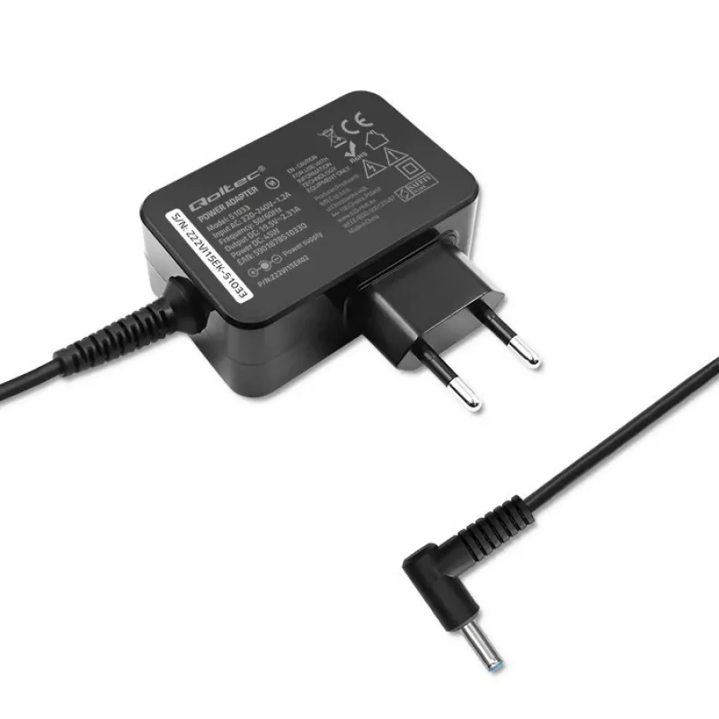 Kintamosios srovės maitinimo adapteris QOLTEC 51033 nešiojamiesiems kompiuteriams, 45 W, 19.5 V, 2.31 A, 220–240 V, patalpų, juodas, 1.7 m kabelis
