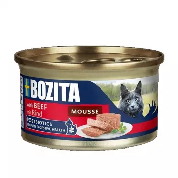 Šlapias kačių maistas BOZITA Mousse Jautiena 85 g — visavertis suaugusių kačių jautienos putėsiai, be grūdų, be glitimo ir be cukraus