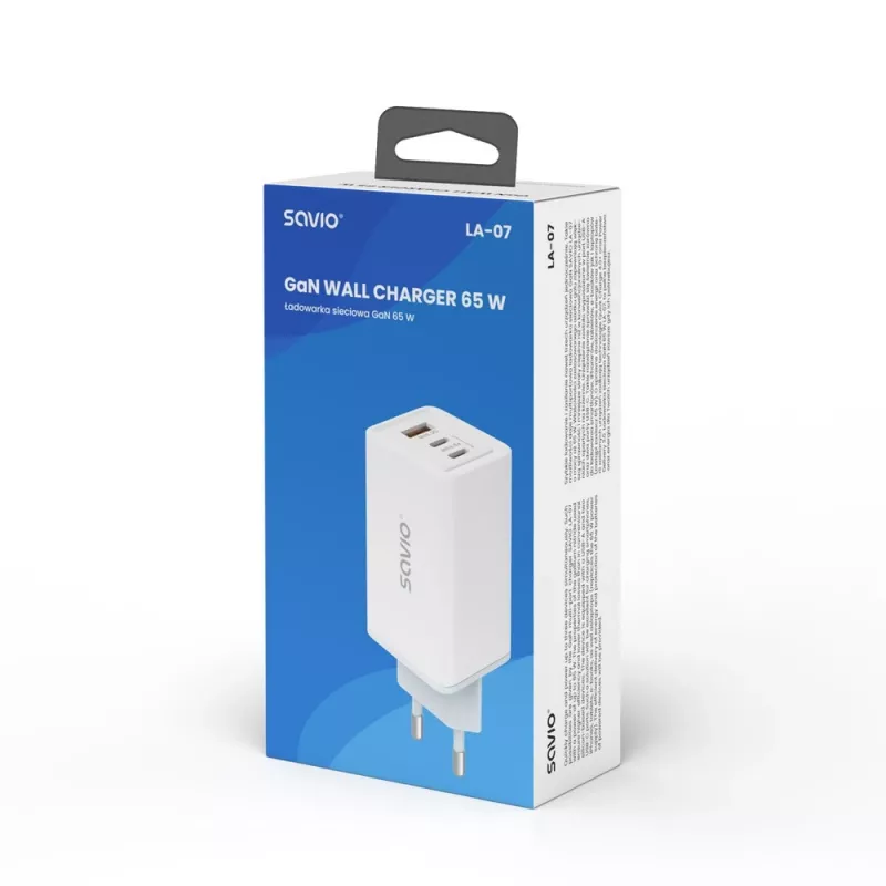 SAVIO LA-07 GaN 65W mains charger, USB, QC4.0+, PD 3.0, Balta