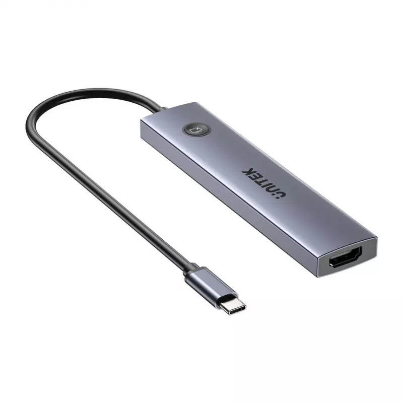 USB-C šakotuvas Unitek H1124AGY01 su 100W PD, HDMI 2.0, 2x USB‑A, 2x USB‑C, SD/microSD skaitytuvu — aliuminis