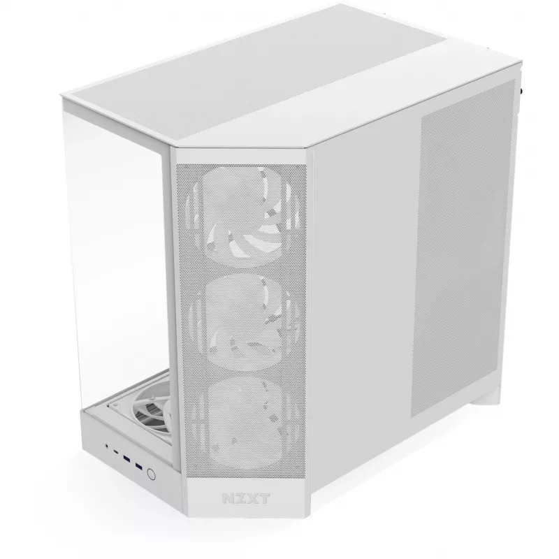 PC Midi Tower korpusas NZXT H9 Flow RGB+ — baltas, palaiko ATX/EATX/Micro-ITX, grūdintas stiklas, 3x140 mm priekiniai + 1x120 mm galinis ventiliatoriai