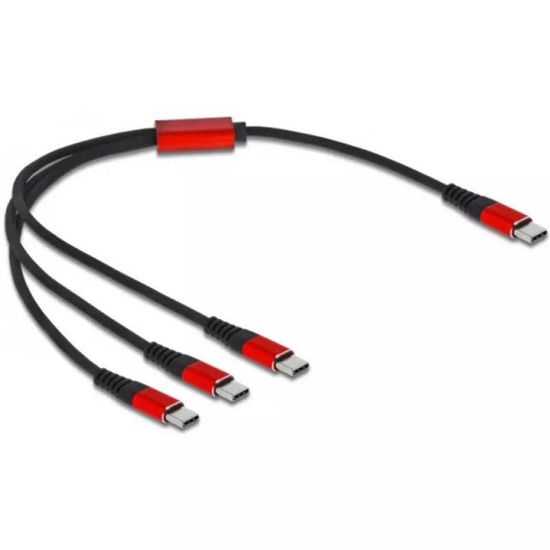 USB įkrovimo laidas DeLOCK 3 viename USB Type-C į 3 x USB Type-C 30 cm juoda/raudona