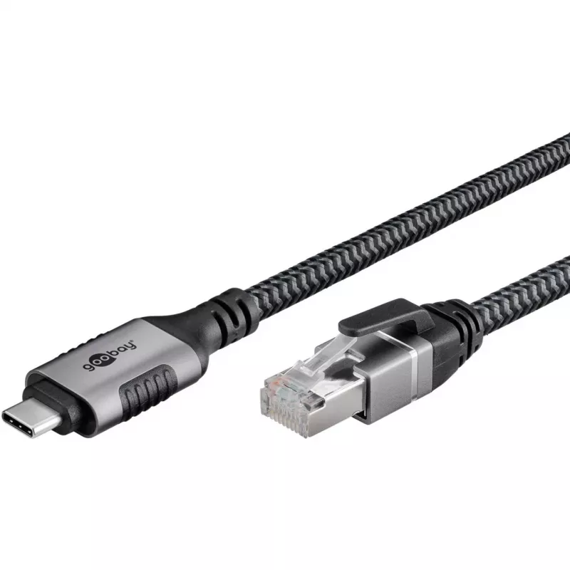 Ethernet laidas USB-C 3.2 Gen2 kištukas > RJ-45 kištukas, LAN adapteris juoda/sidabrinė, 2 metrai, pintas tekstilinis apvalkalas